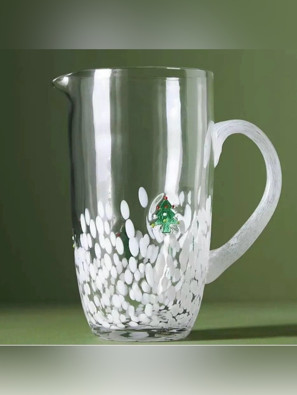 Anthropologie Festive Tree Icon Glass Pitcher White Snowy Hand Blown Christmas